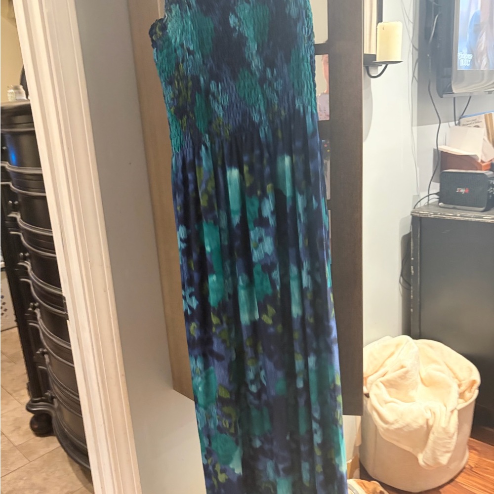 Maxi Dress in Teal & Navy Watercolor Print